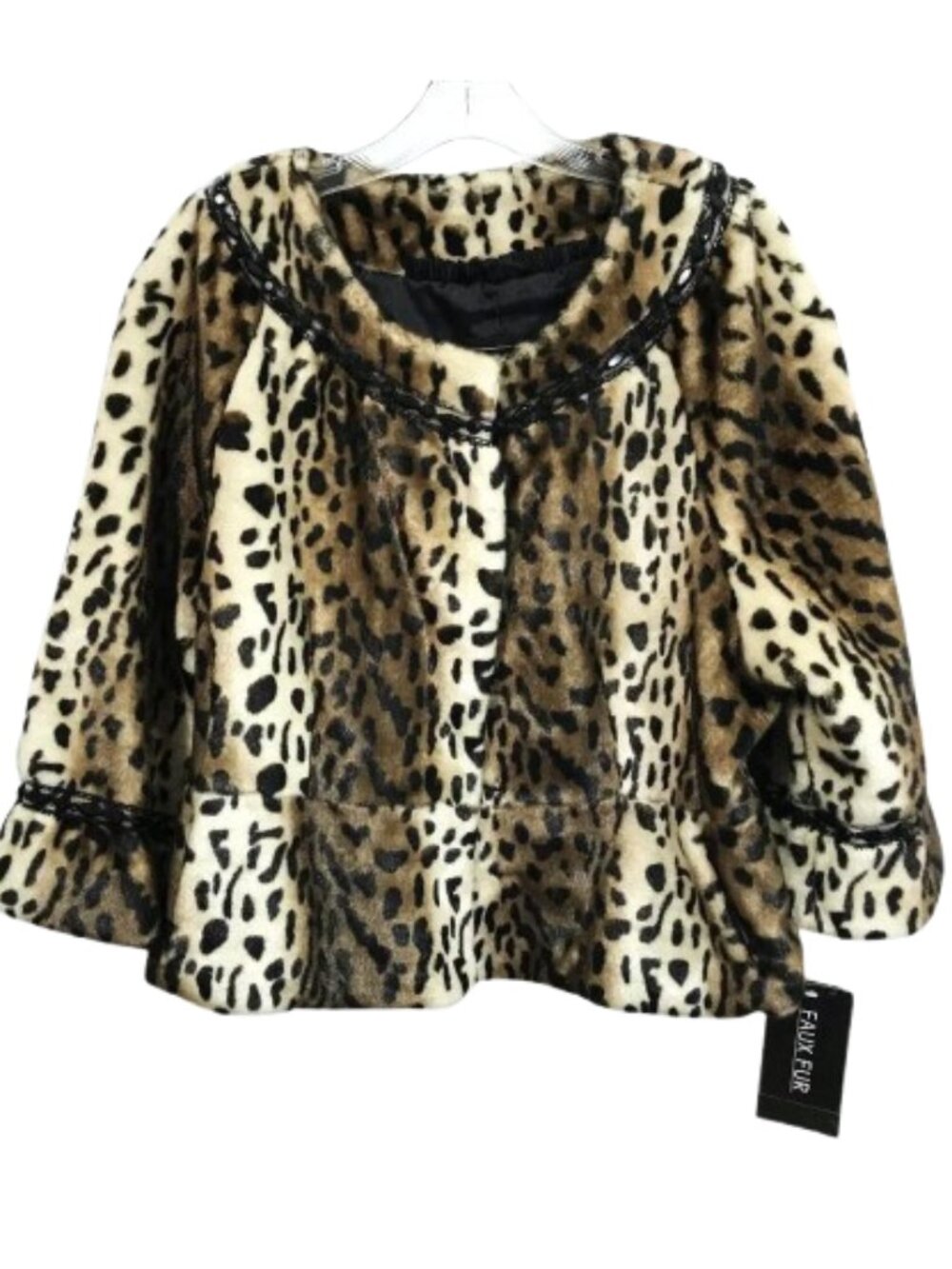 Terry Lewis Faux Fur Cropped Jacket Leopard Print Beaded and Lace Detail Sz L